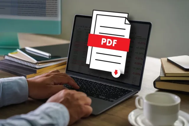 Dłonie na klawiaturze laptopa, na ekranie ikona pliku PDF, obok kubek i notatniki