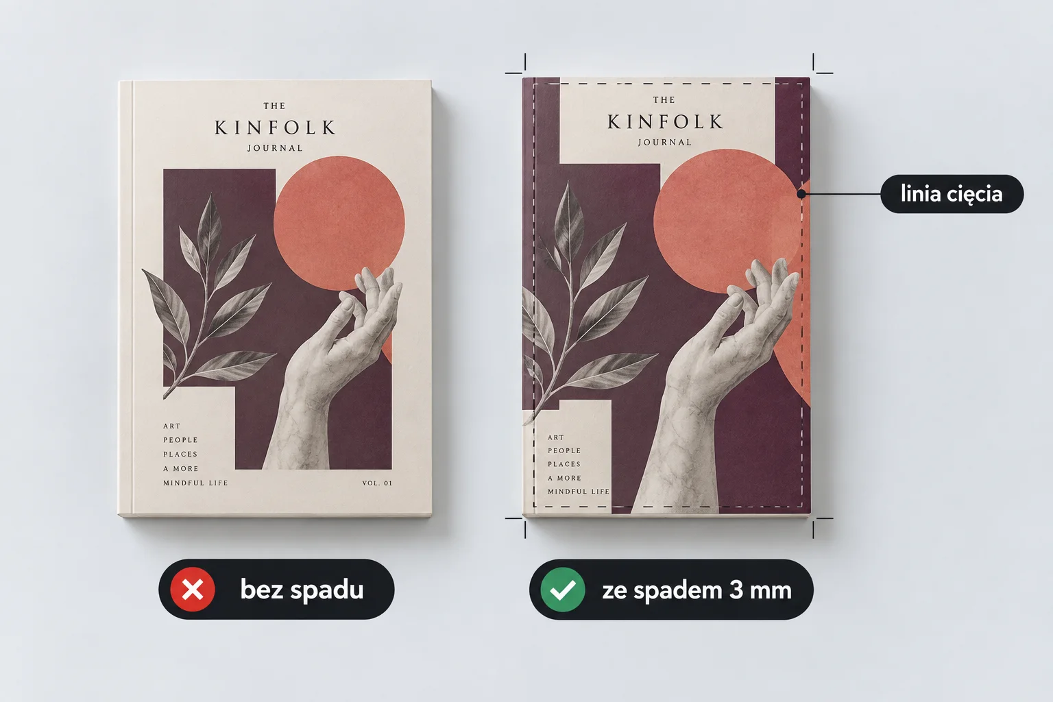 Dwie okładki obok siebie, lewa bez spadu, prawa ze spadem 3 mm i linią cięcia