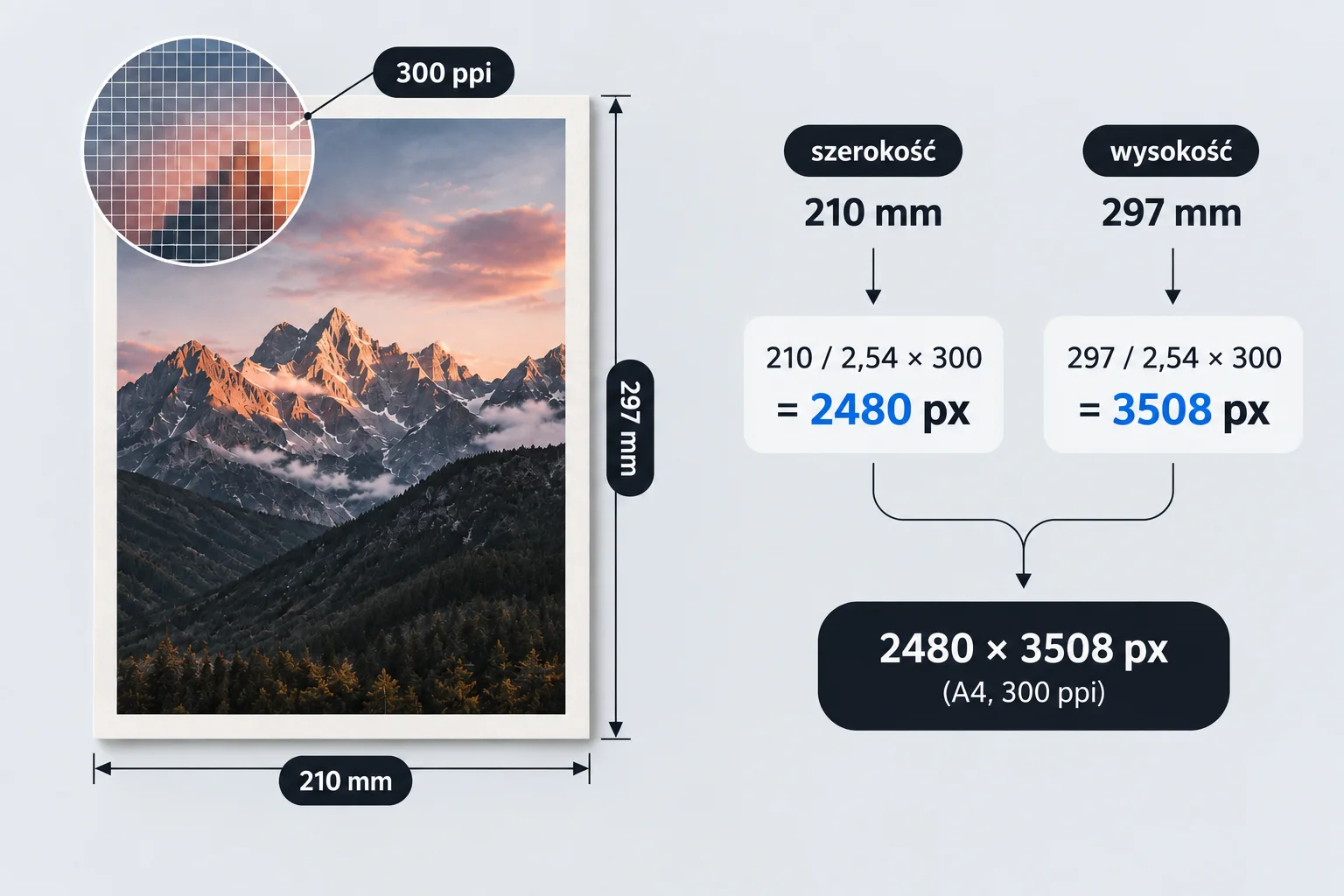 Kartka A4 z wymiarami 210 na 297 mm i wyliczeniem 2480 na 3508 pikseli przy 300 ppi