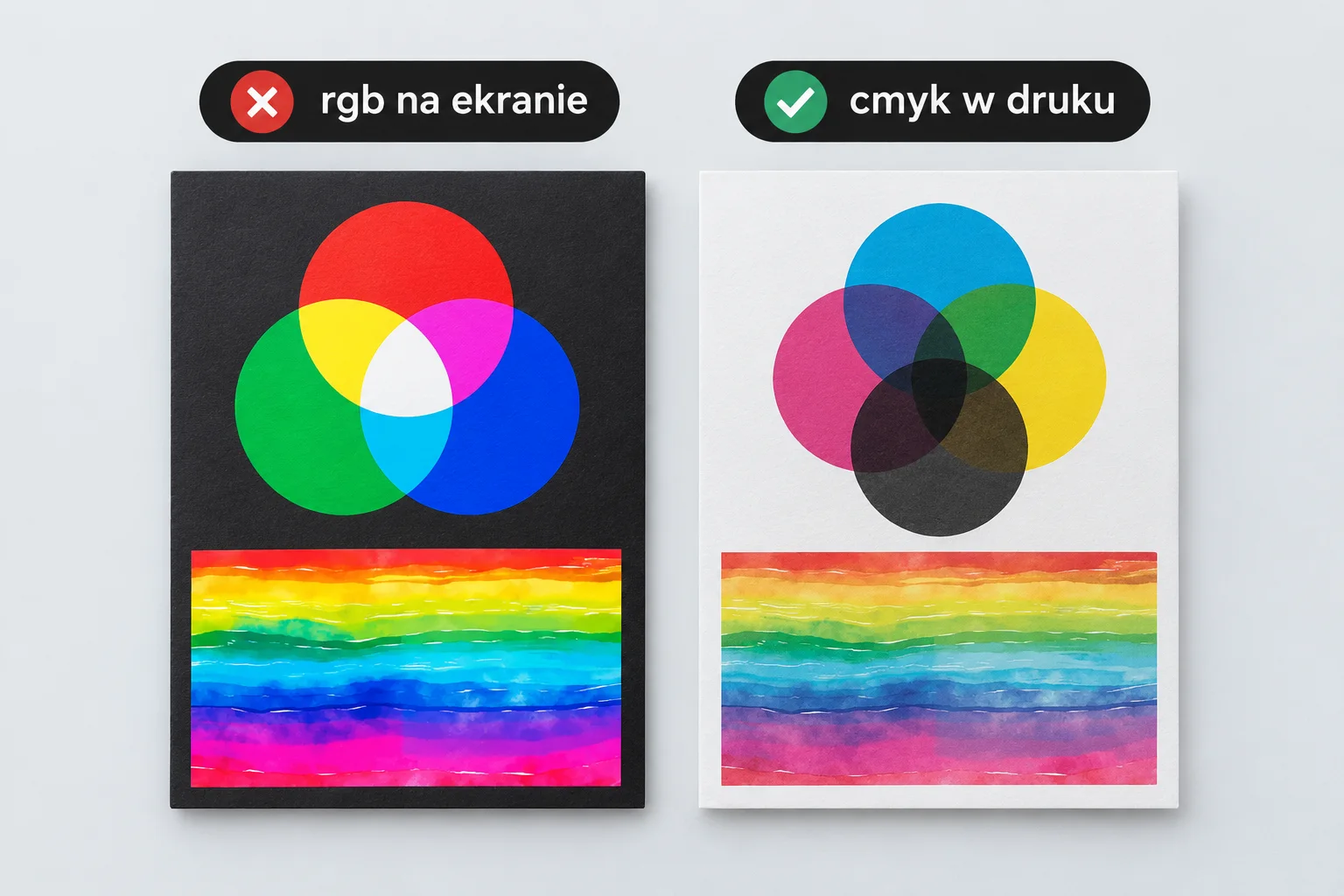 Koła barw RGB na czarnym tle obok kół CMYK na białym, pod nimi ta sama paleta w obu modelach