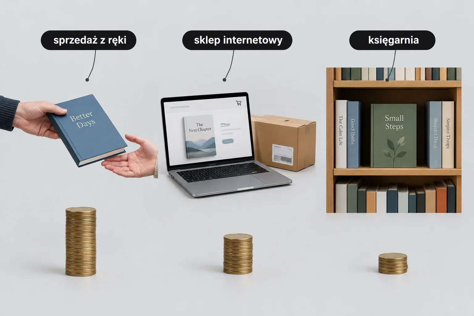Trzy sceny obok siebie: dłoń podająca książkę drugiej dłoni, laptop z paczką, półka w księgarni, pod każdą stosik monet innej wysokości z pigułkami sprzedaż z ręki, sklep internetowy, księgarnia