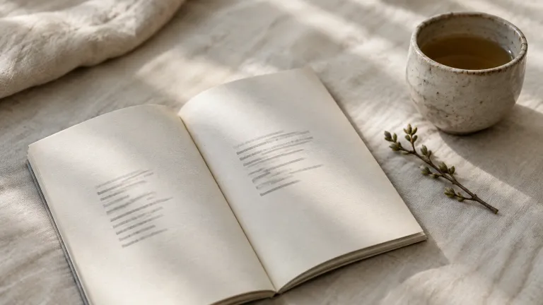 Cienki tomik poezji otwarty na kremowym papierze, obok gałązka i ceramiczny kubek