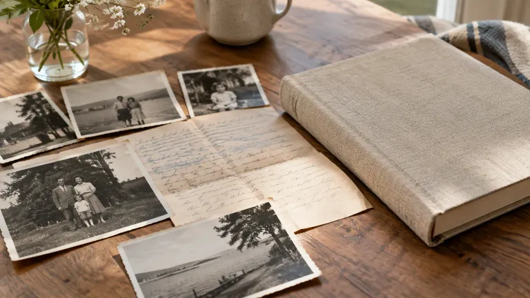Stare czarno-białe fotografie rodzinne i odręczny list rozłożone na stole obok nowej książki w twardej lnianej oprawie