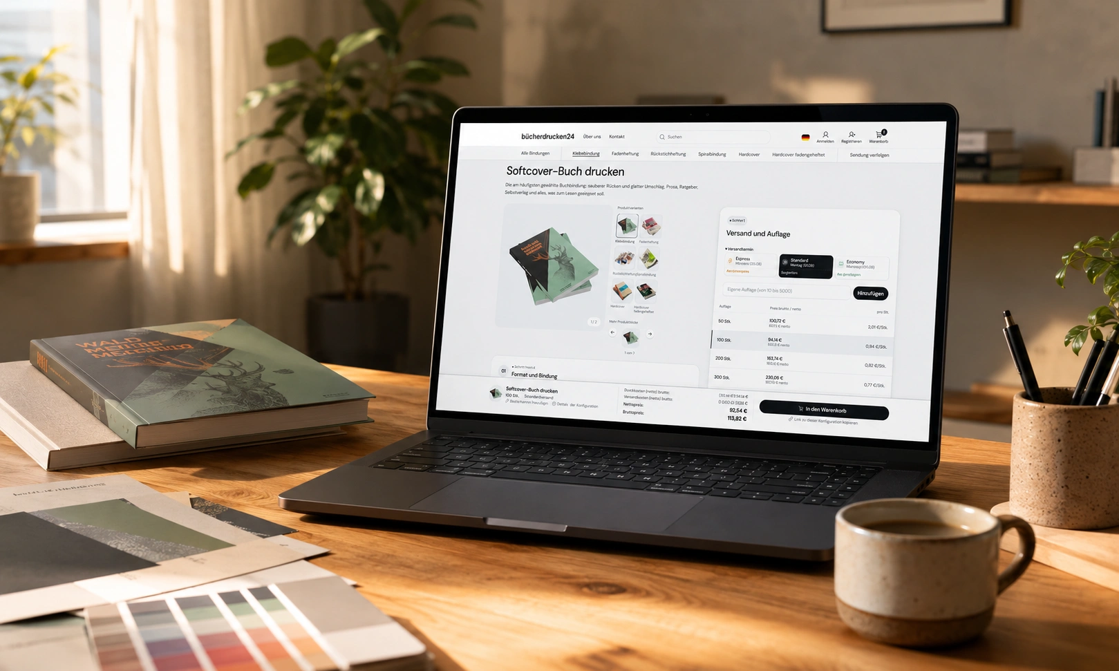 Buchdruck-Konfigurator geöffnet auf einem Laptop, daneben ein Papiermusterbuch und ein gedrucktes Exemplar