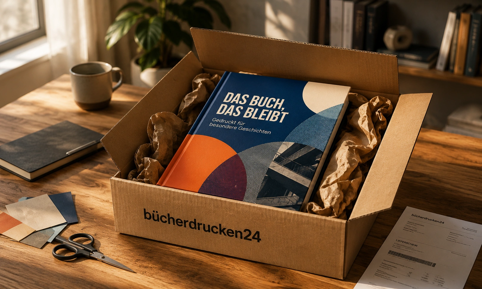 Gedrucktes Buch im Karton mit Frachtbrief verpackt, versandfertig
