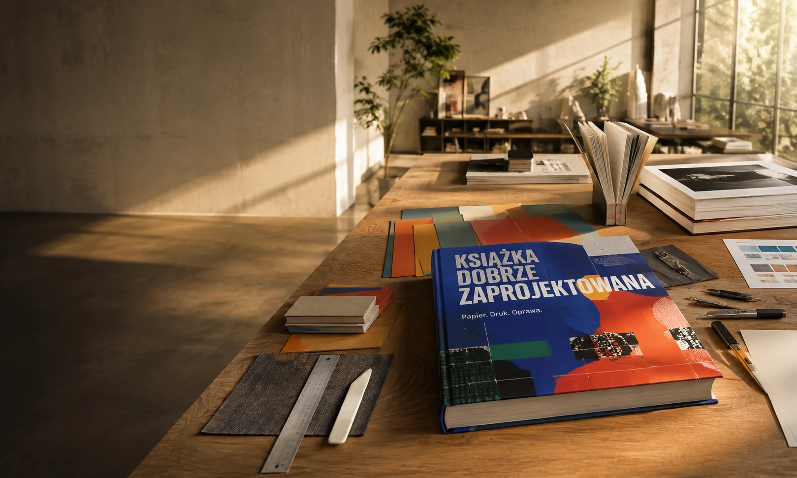 Stół w pracowni z próbnikami papieru i gotową książką