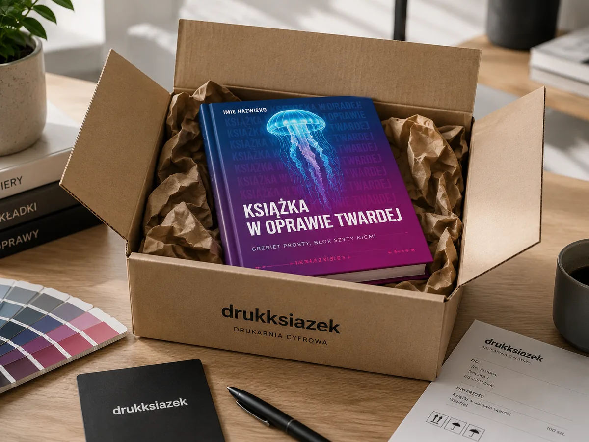 Wydrukowana książka zapakowana w karton z listem przewozowym, przygotowana do wysyłki